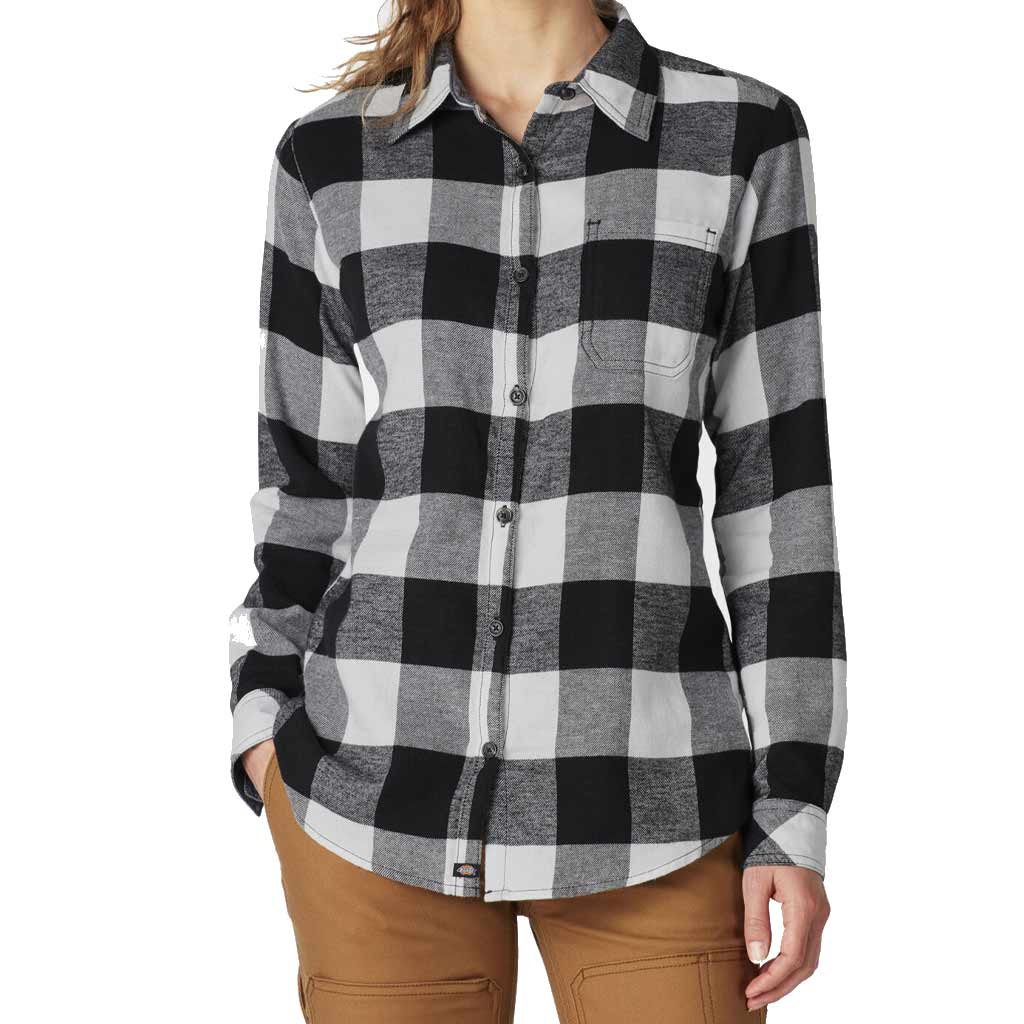 Dickies Women s Flannel Long Sleeve Shirt White Black Plaid Medium