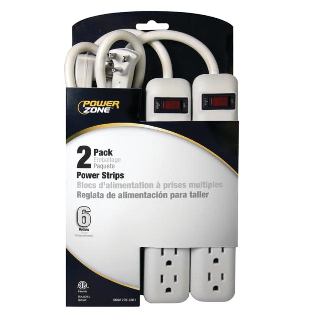POWERZONE POWER OUTLET STRIP 6-SOCKET, 18"L CABLE, WHT, 2PK