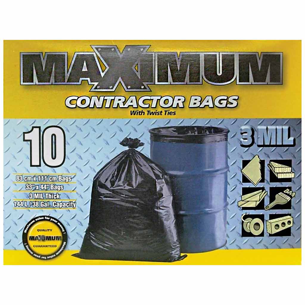 POLYETHICS MAXIMUM CONTRACTOR GARBAGE BAGS, 33&quot;L X 44&quot;W, 10PK 