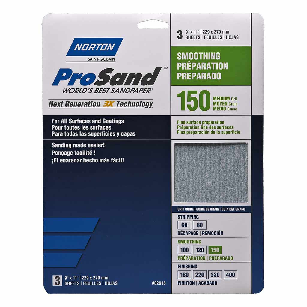 NORTON PROSAND SANDPAPER, 150 MED GRIT, 3 SHEETS