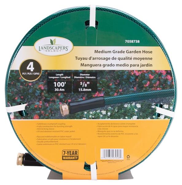 LANDSCAPERS SELECT GARDEN HOSE 100' PVC MEDIUM DUTY 4-PLY 5/8"D GREEN