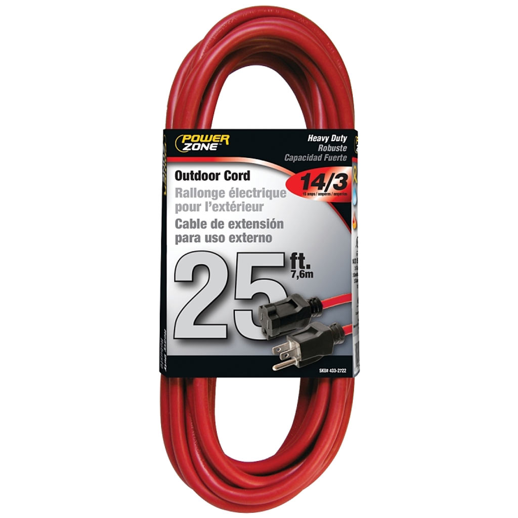 POWERZONE EXT. CORD 14AWG 25'L, RED