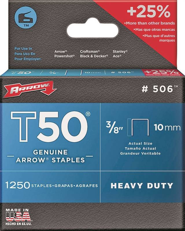 ARROW STAPLES T50 #506 HEAVY DUTY 3/8" (10MM) 1250 BOX 50624