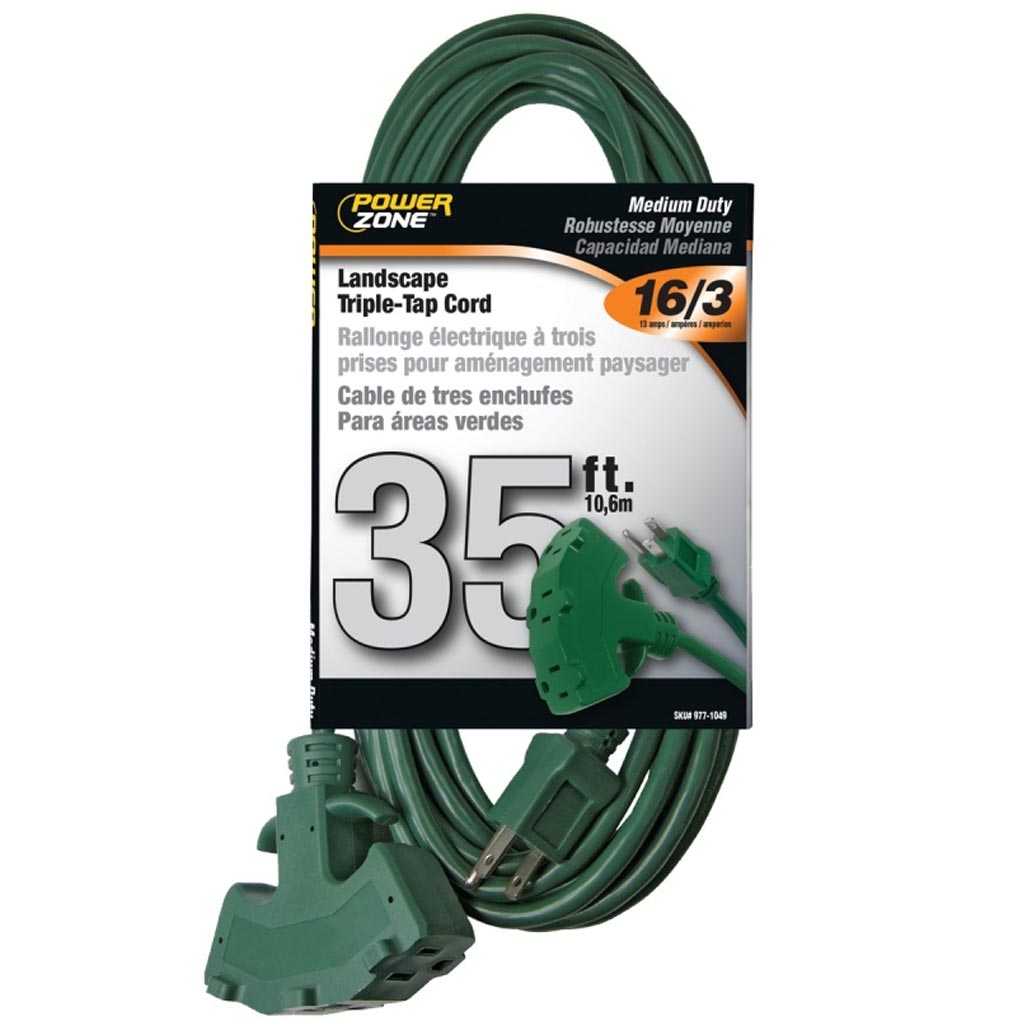 POWERZONE EXTENSION CORD 3 OUTLET, GREEN 16 AWG 35'L