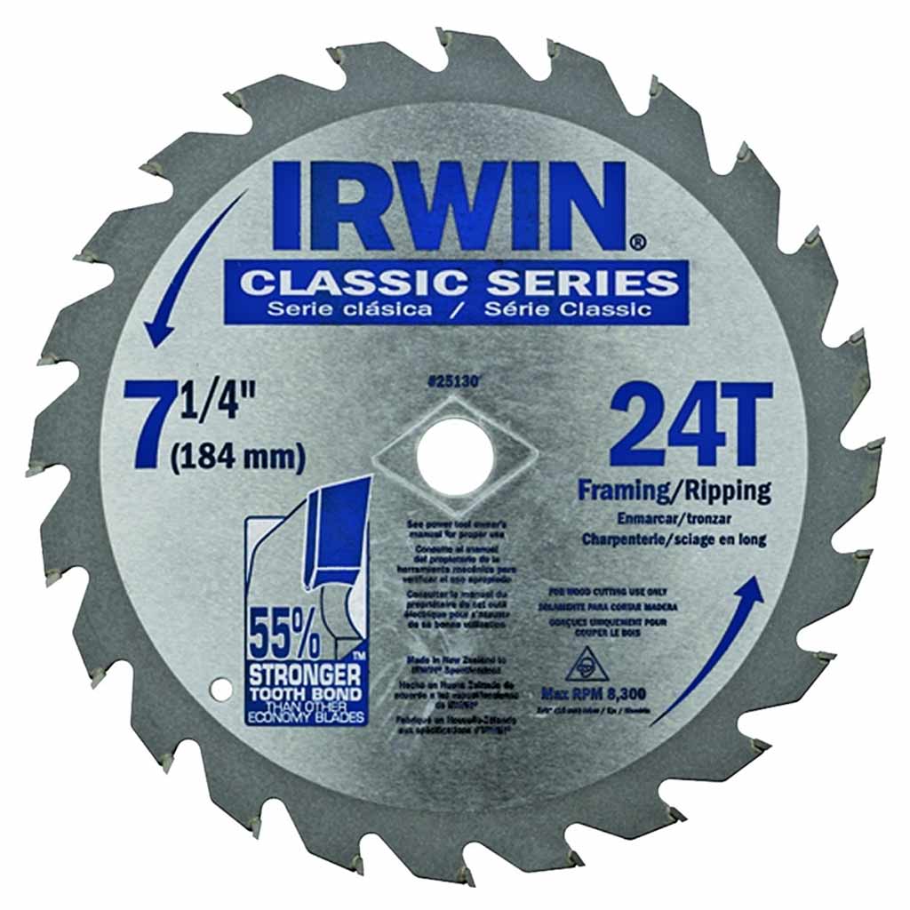 IRWIN CIRCULAR WOOD SAW BLADE, 7-1/4&quot;DIA, 24 TEETH