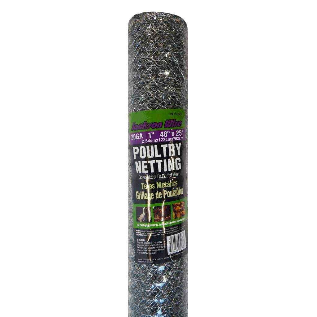 JACKSON WIRE POULTRY NETTING 20GA 25'LX48"W, 1" HEX MESH GALV.