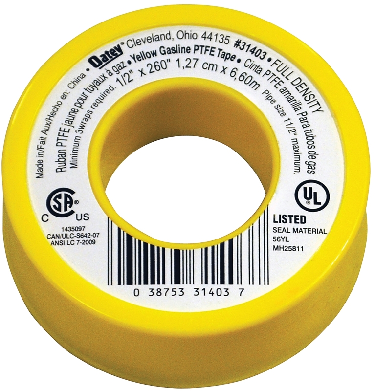 OATEY GAS LINE THREAD SEAL TAPE 1/2&quot;x21.7' YELLOW (31403)