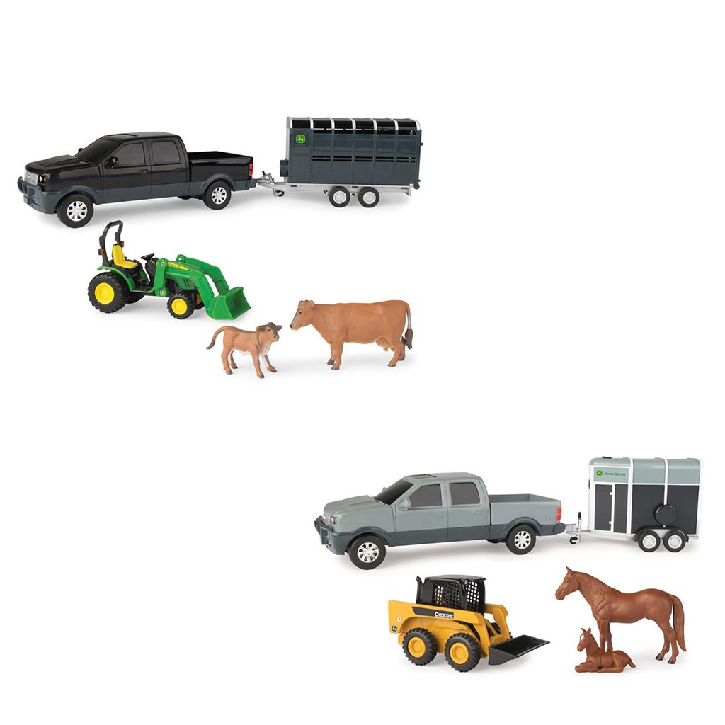 JOHN DEERE PICKUP AND LIVESTOCK TRAILER SET