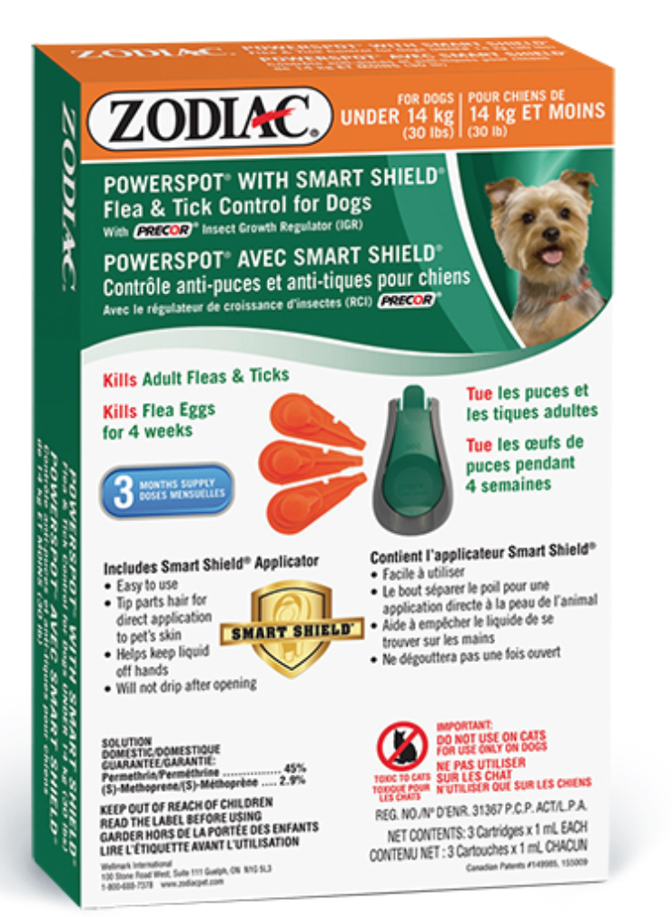 DMB - ZODIAC SMART SHIELD POWER SPOT DOGS UNDER 14KG 3 TUBES W/APPLICATOR