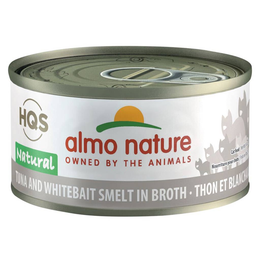 ALMO CAT HQS NATURAL TUNA &amp; WHITEBAIT SMELT IN BROTH CAN 70G