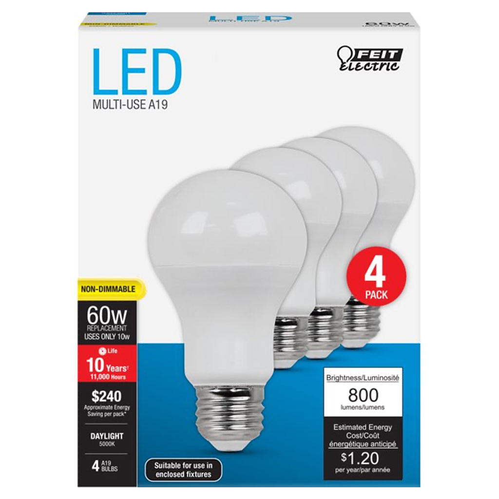 DV - FEIT LED LIGHT BULB 60W DAYLIGHT A19 NON-DIMMABLE (4PK)