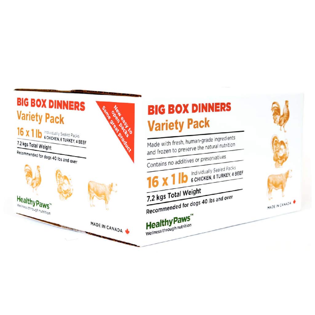 HEALTHY PAWS DOG BIG BOX DINNER VARIETY PK CHICKEN, TURKEY, BEEF 16 X 1LB