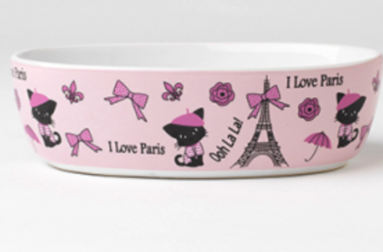 DMB - PETRAGEOUS I LOVE PARIS OVAL CAT BOWL PINK 7&quot;