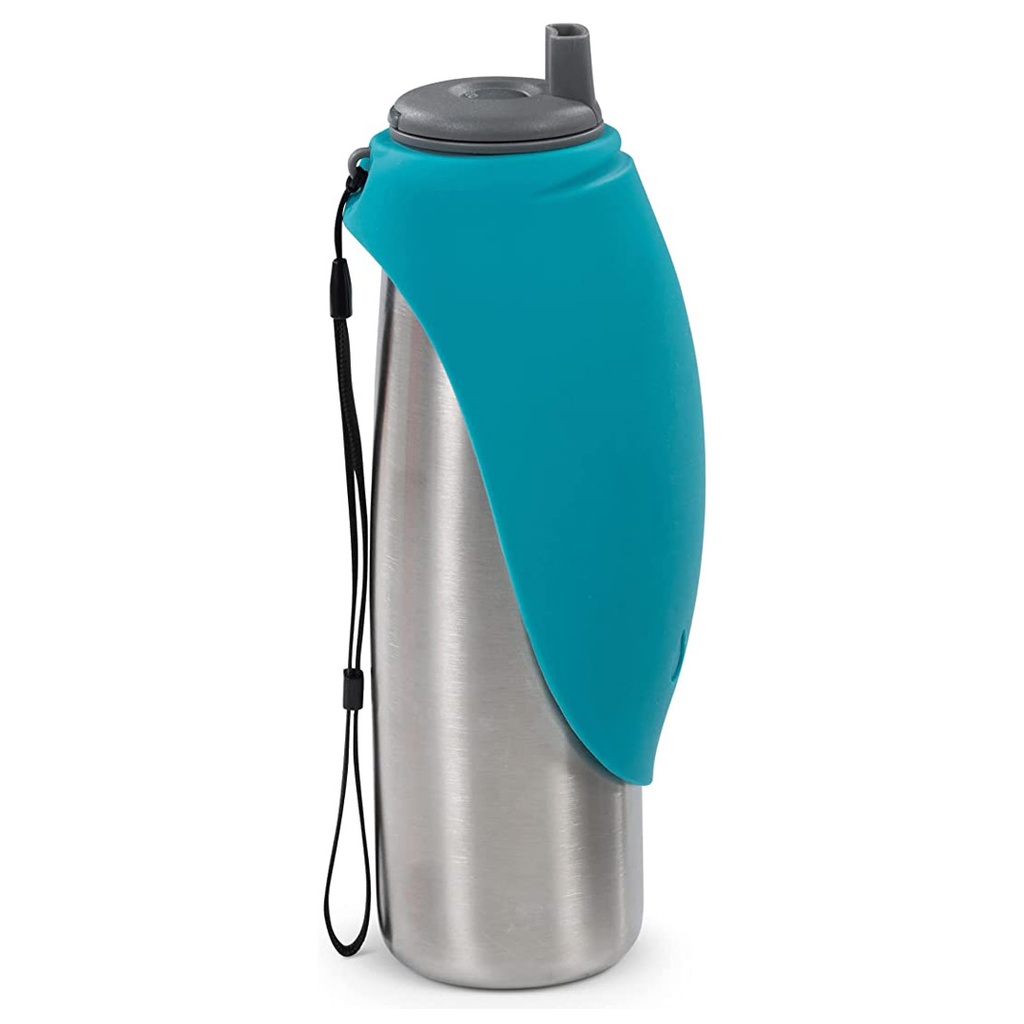 MESSY MUTTS SS TRAVEL WATER BOTTLE W/ FLIP UP BOWL 700ML BLUE