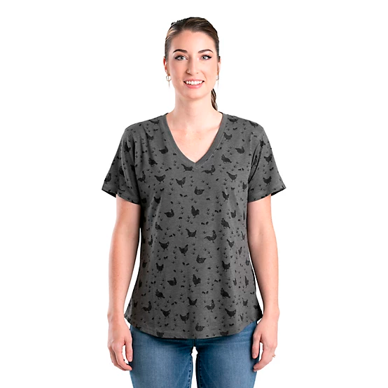 BERNE WOMENS PERFORMANCE V-NECK SHORT SLEEVE TEE PRINT CHICKEN GRAPHITE (S)