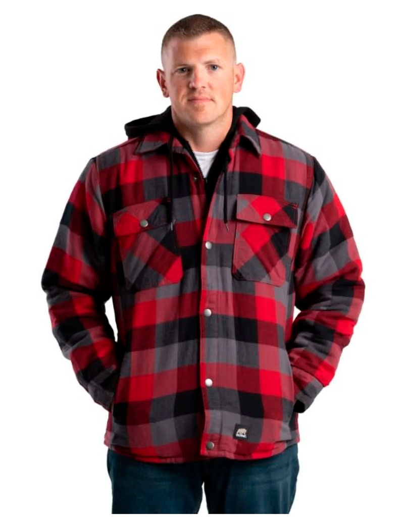 BERNE MENS QUILT-LINED HOODED SHIRT JACKET PLAID RED E (2XL)