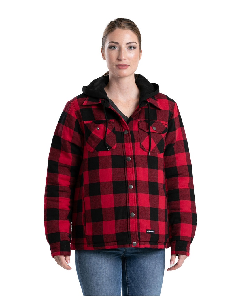 BERNE WOMENS HEARTLAND HOODED SHIRT JACKET PLAID RED BLACK BUFFALO (2XL)