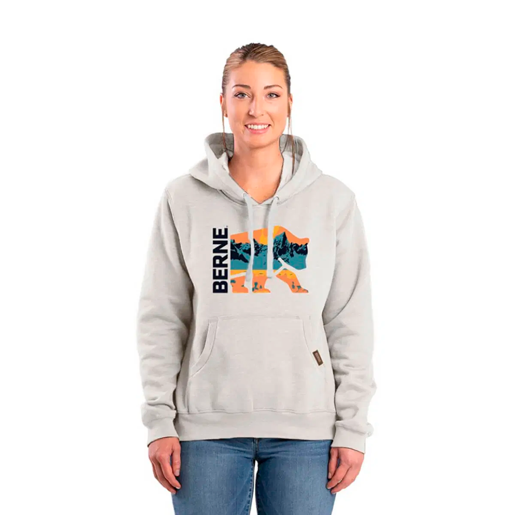 BERNE WOMENS GRAPHIC HOODED SWEATSHIRT DUSTED OATMEAL W/ MOUNTAIN BEAR (S)