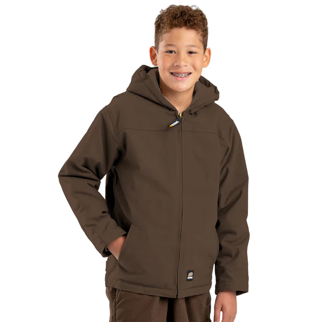 BERNE YOUTH SHERPA-LINED SOFTSTONE DUCK HOODED JACKET BARK (XS)