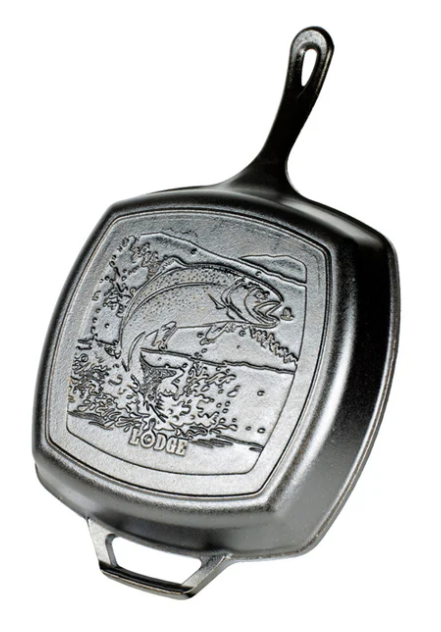 LODGE WILDLIFE FISH SQUARE CAST IRON GRILL PAN 10.5" BLACK