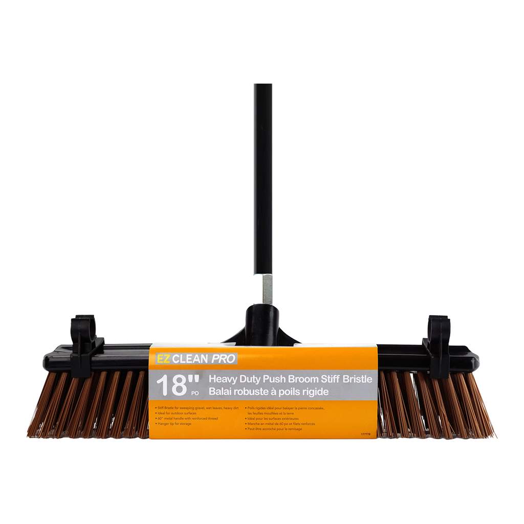 EZ CLEAN PRO PUSH BROOM HEAVY DUTY STIFF BRISTLE 18&quot; &amp; METAL HANDLE