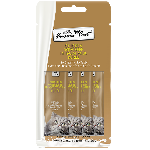 FUSSIE CAT PREMIUM GOAT MILK PUREE CHICKEN &amp; BEEF 56G (4PK)