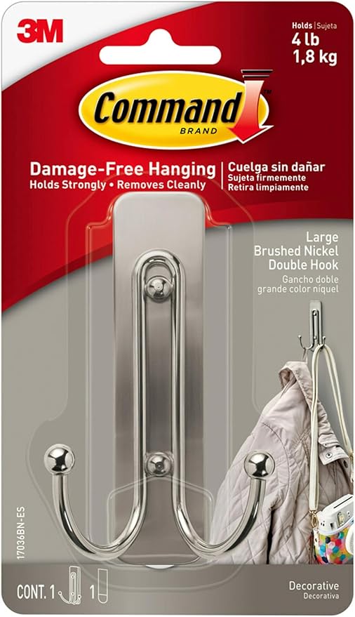 COMMAND 17036BN-ES METAL/PLASTIC DOUBLE HOOK BRUSH NICKEL