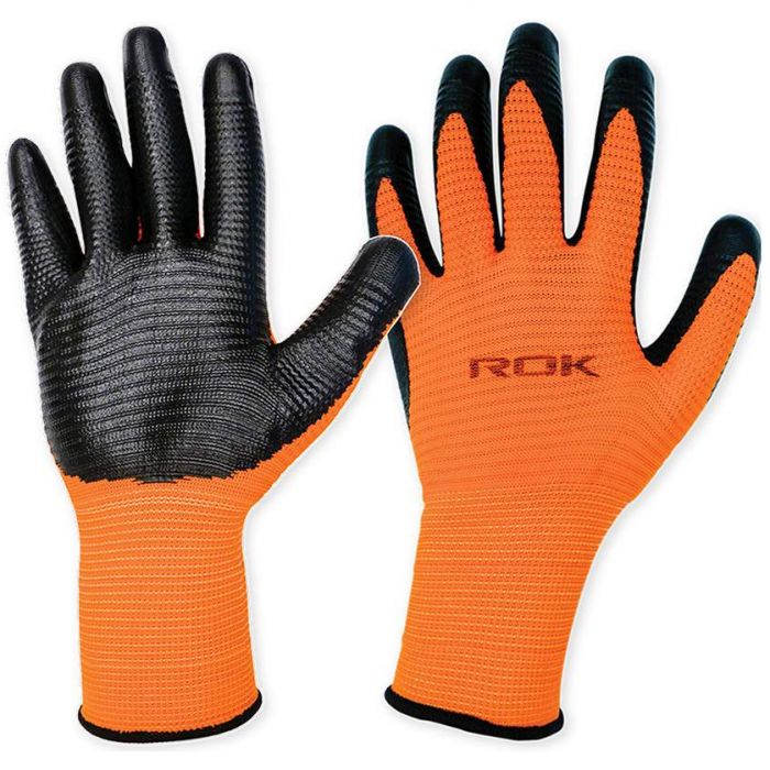 ROK 6 PC NITRILE COATED GLOVES BLACK/ORANGE