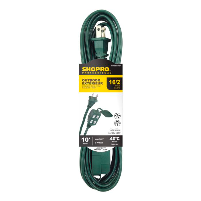 SHOPRO 16/2 PXWT 3 OUTLET OUTDOOR EXT CORD 10' GREEN