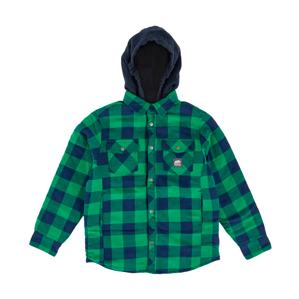 BERNE YOUTH FLANNEL QUILT-LINED HOODED SHIRT JACKET PLAID KELLY NAVY (L)