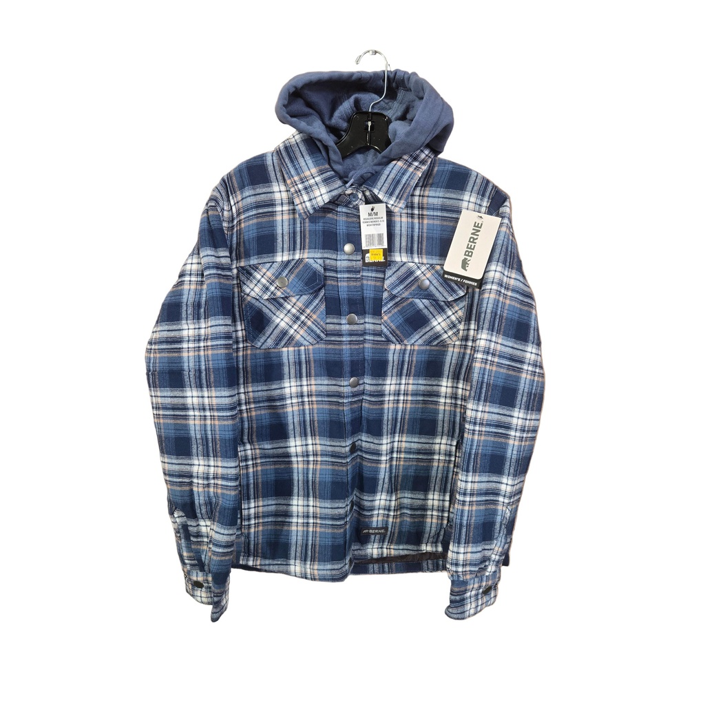 BERNE WOMENS FLANNEL QUILT-LINED HOODED SHIRT JACKET PLAID BLUE GOLD (L)