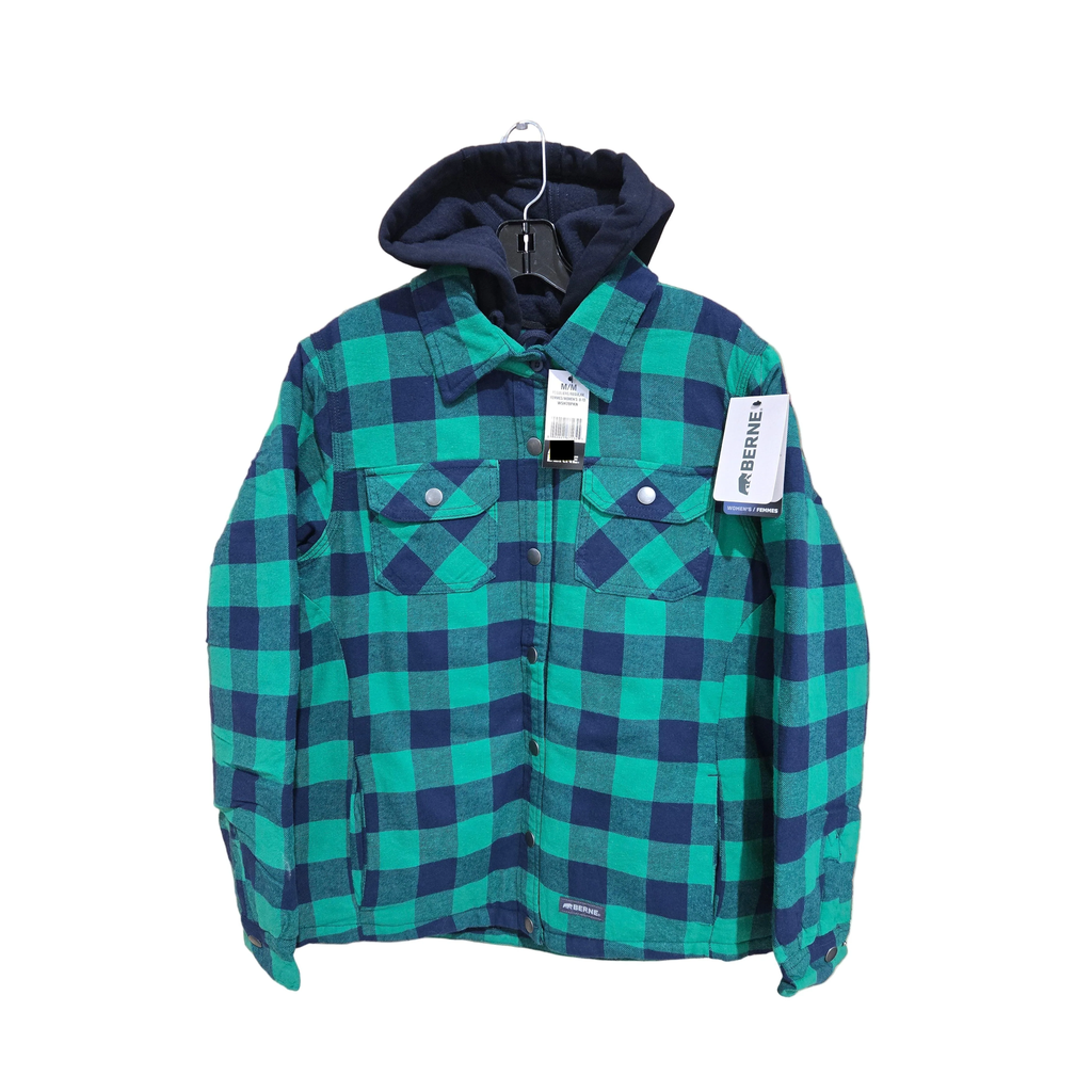 BERNE WOMENS FLANNEL QUILT-LINED HOODED SHIRT JACKET PLAID KELLY NAVY (S)