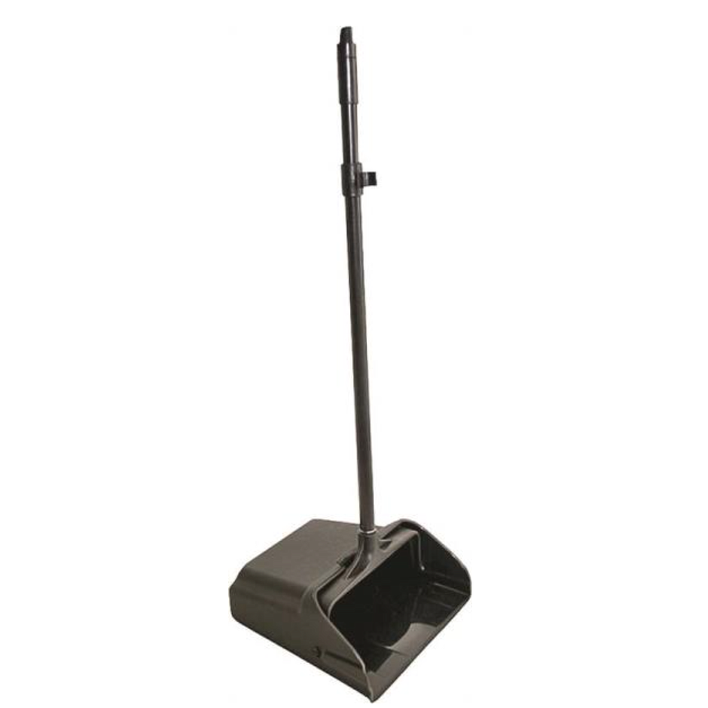 SIMPLE SPACES DUSTPAN STANDING W/ WHEELS, 30&quot;L HANDLE, BLK