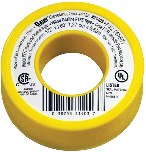 [10074400] OATEY GAS LINE THREAD SEAL TAPE 1/2"x21.7' YELLOW (31403)