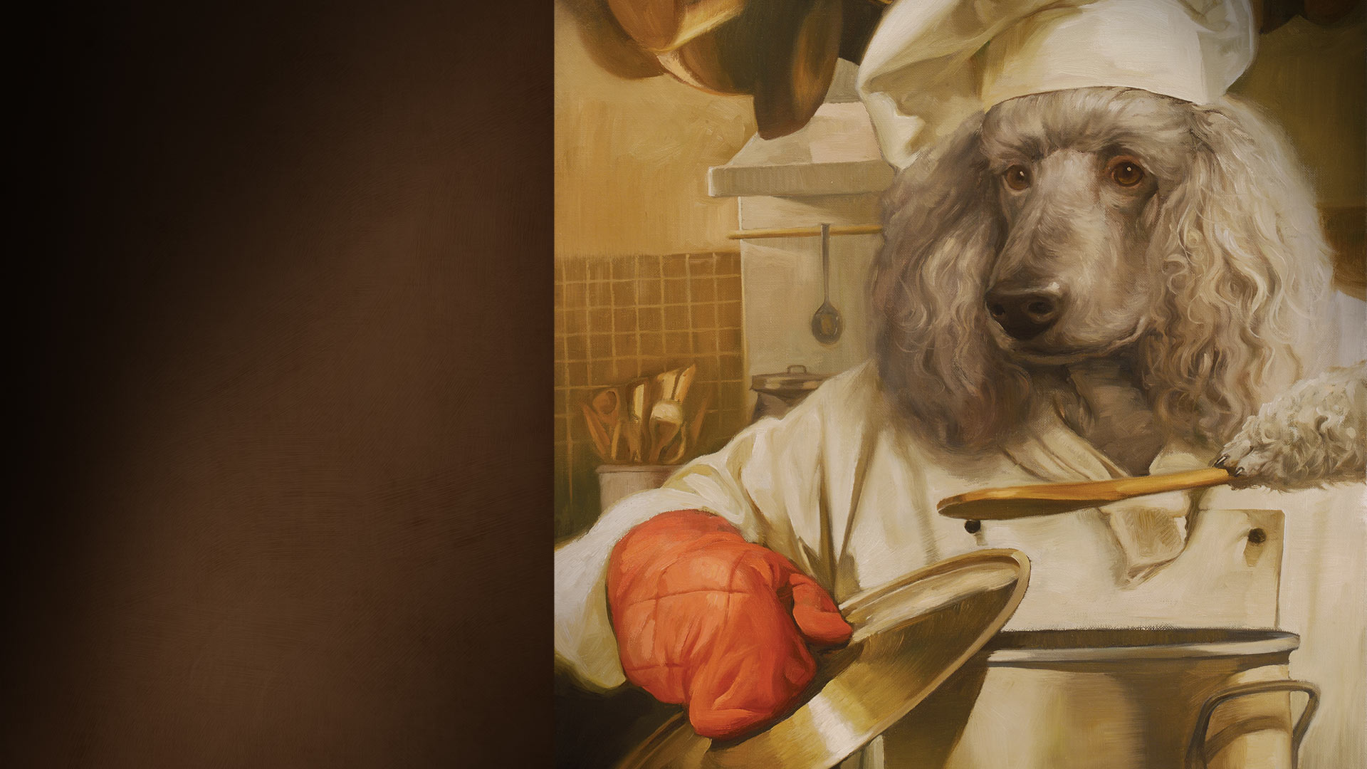 A painting of a large grey dog with long furry ears in a chefs uniform lifting the lid of a stock pot holding a wooden spoon.