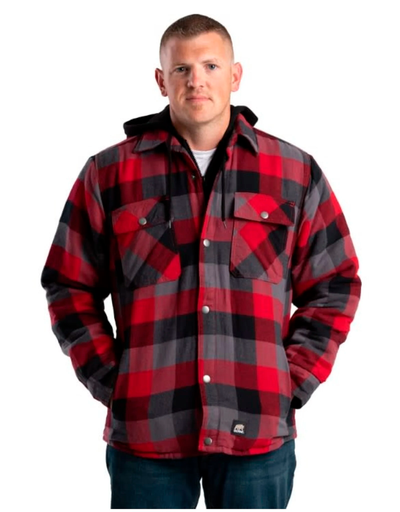 [10095850] BERNE MENS QUILT-LINED HOODED SHIRT JACKET PLAID RED E (L)