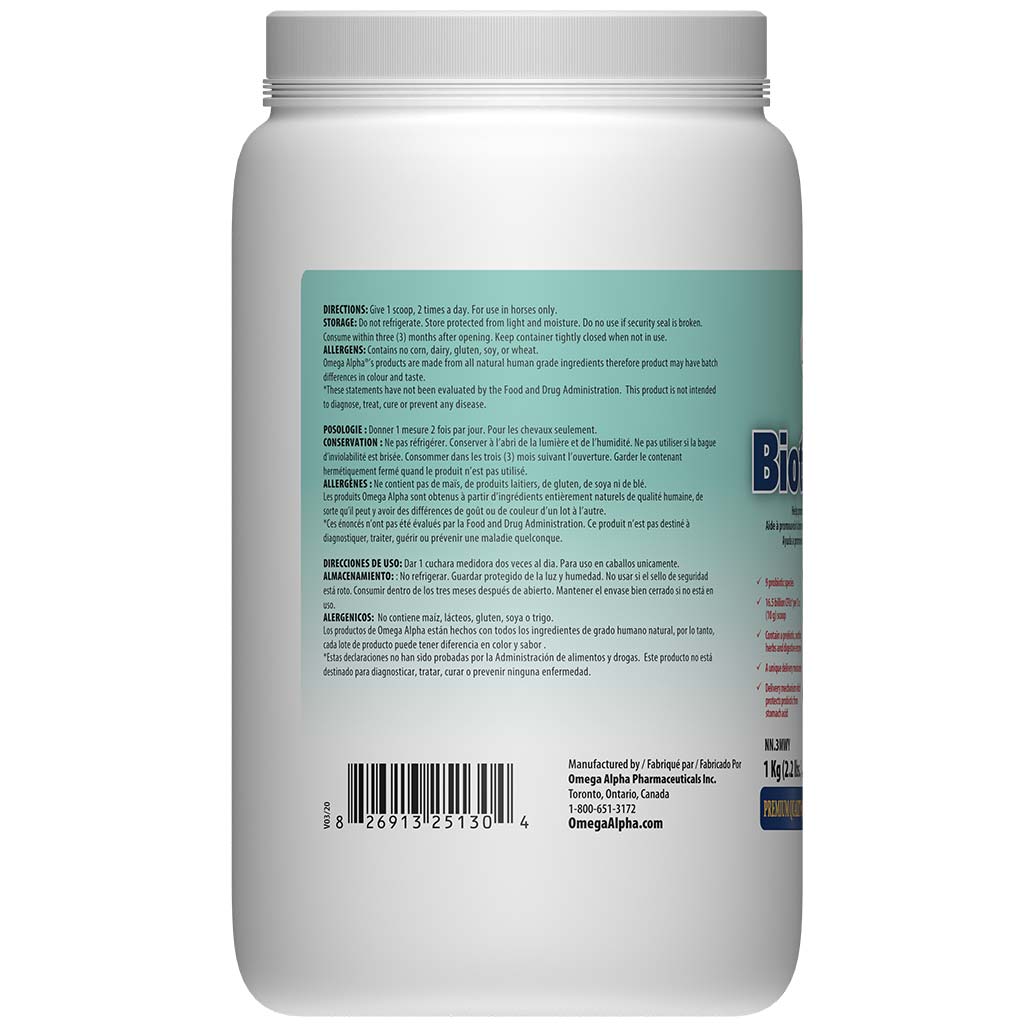 Omega Alpha Equine Biotic 8 Plus 1kg directions on container.