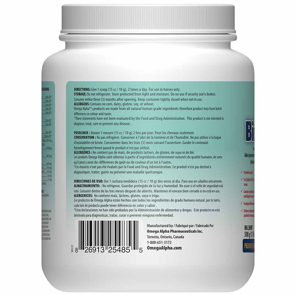 Omega Alpha Equine Biotic 8 Plus 500g directions on container.
