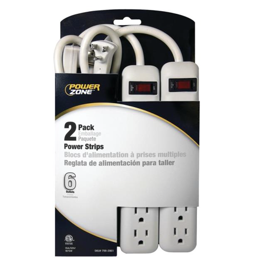 [10033936] POWERZONE POWER OUTLET STRIP 6-SOCKET, 18"L CABLE, WHT, 2PK